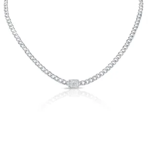 14K White Gold Diamond Center & Curb Link Collar/Choker Necklace