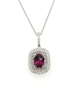 14K White Gold Rhodolite Garnet & Diamond Vintage Inspired Necklace