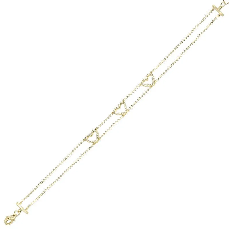 14K Yellow Gold Triple Open Diamond Heart Bracelet