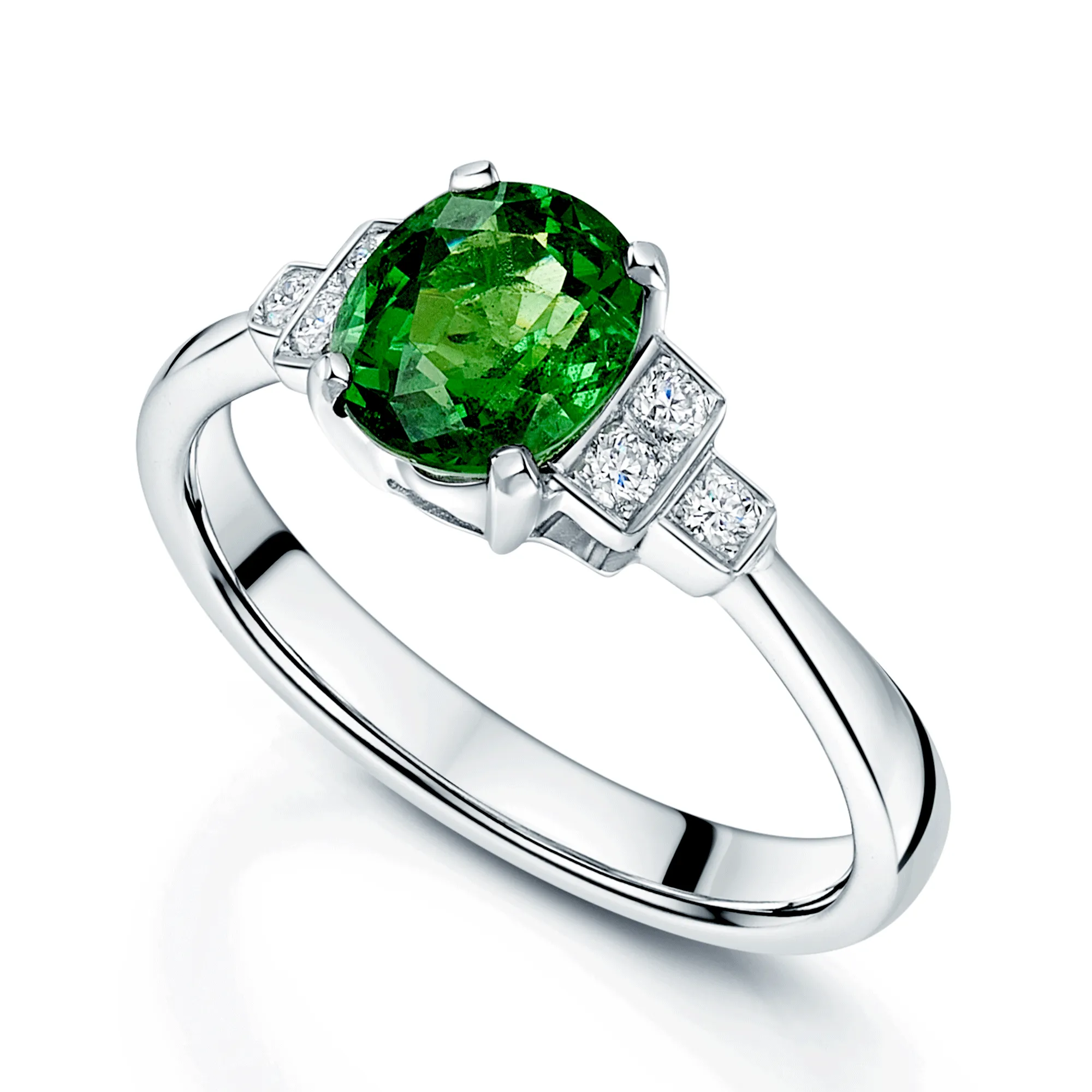 18ct White Gold Oval Cut Tsavorite Garnet Dress Ring With Diamond Shoulders