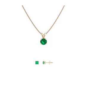 18K Rose Gold 1ct Emerald Round 18 Inch Necklace and Square Earrings Set Plated