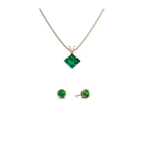 18K Rose Gold 2ct Emerald Square 18 Inch Necklace and Round Earrings Set Plated