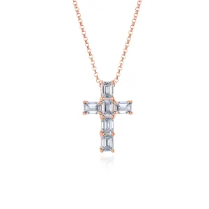 18K ROSE GOLD EMERALD-CUT DIAMOND CROSS PENDANT NECKLACE - 1.21CTW