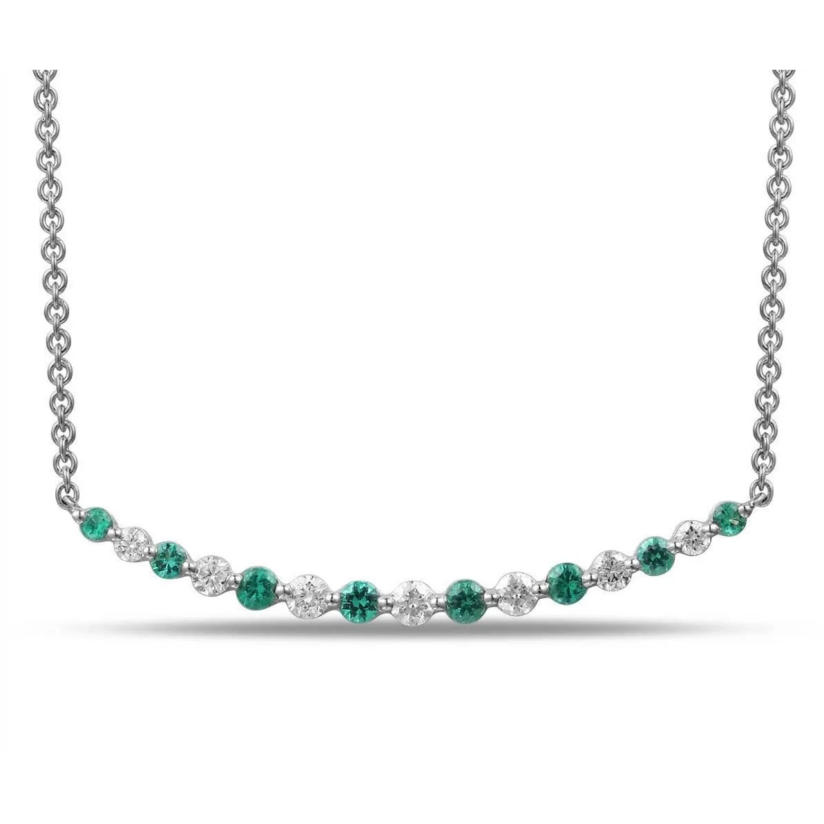 18K White Gold Curved Diamond and Emerald Necklace