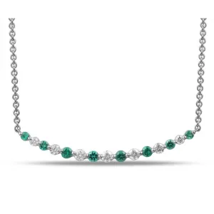 18K White Gold Curved Diamond and Emerald Necklace