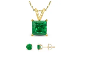 18K Yellow Gold 1ct Emerald Square 18 Inch Necklace and Round Earrings Set Plated