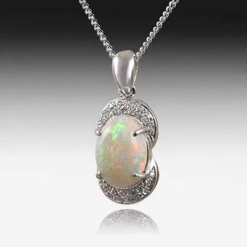 18KT WHITE GOLD OPAL AND DIAMOND PENDANT