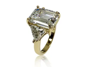 7 Carat Emerald cut Highest Quality Cubic Zirconia 3 stone ring with trillion 14K Yellow Gold