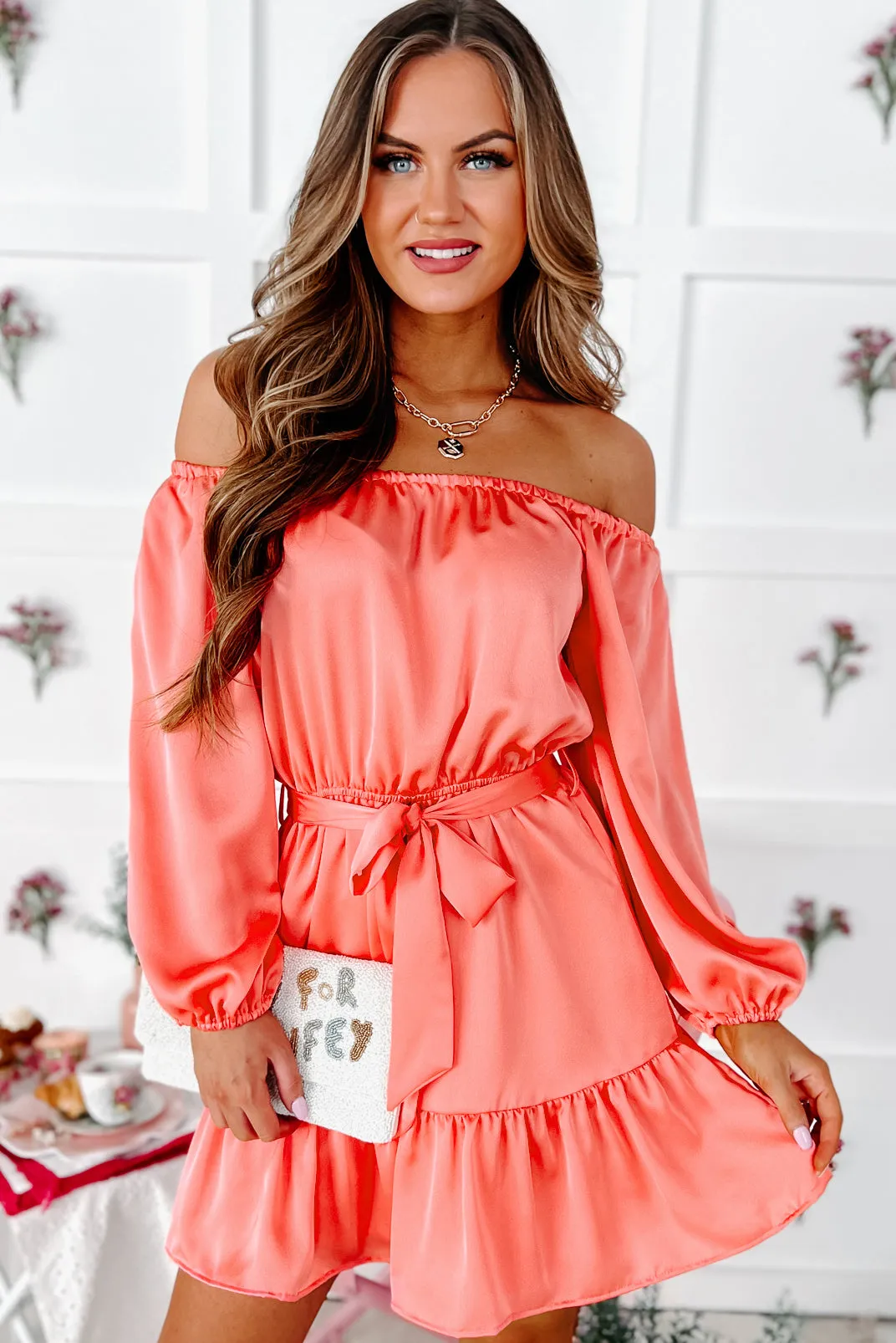 Afternoon Angel Off The Shoulder Bubble Sleeve Mini Dress (Coral)