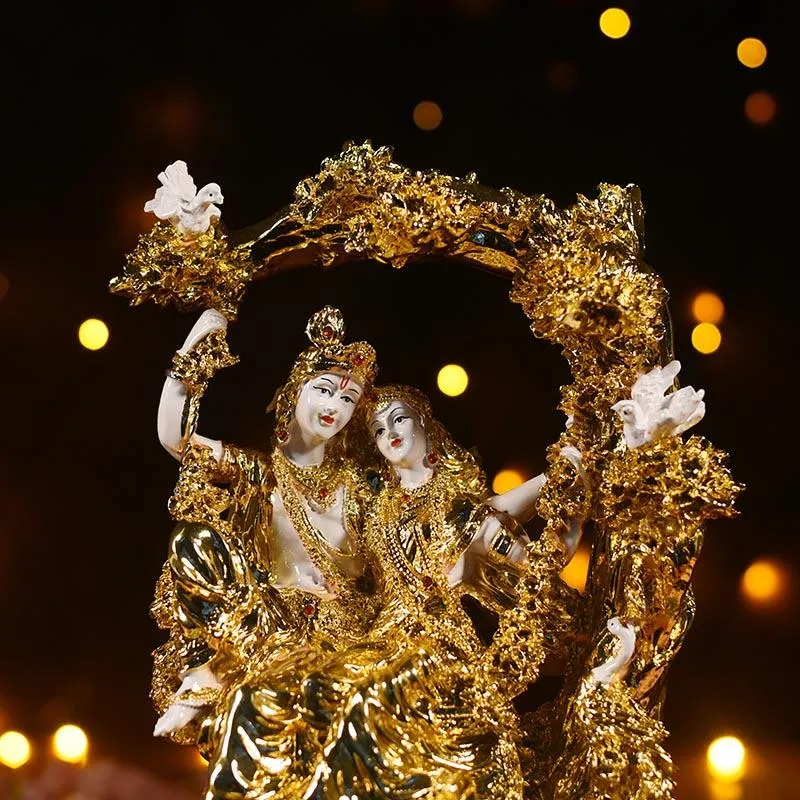 Antique Coral Gold And White Radha Krishna on Jhula