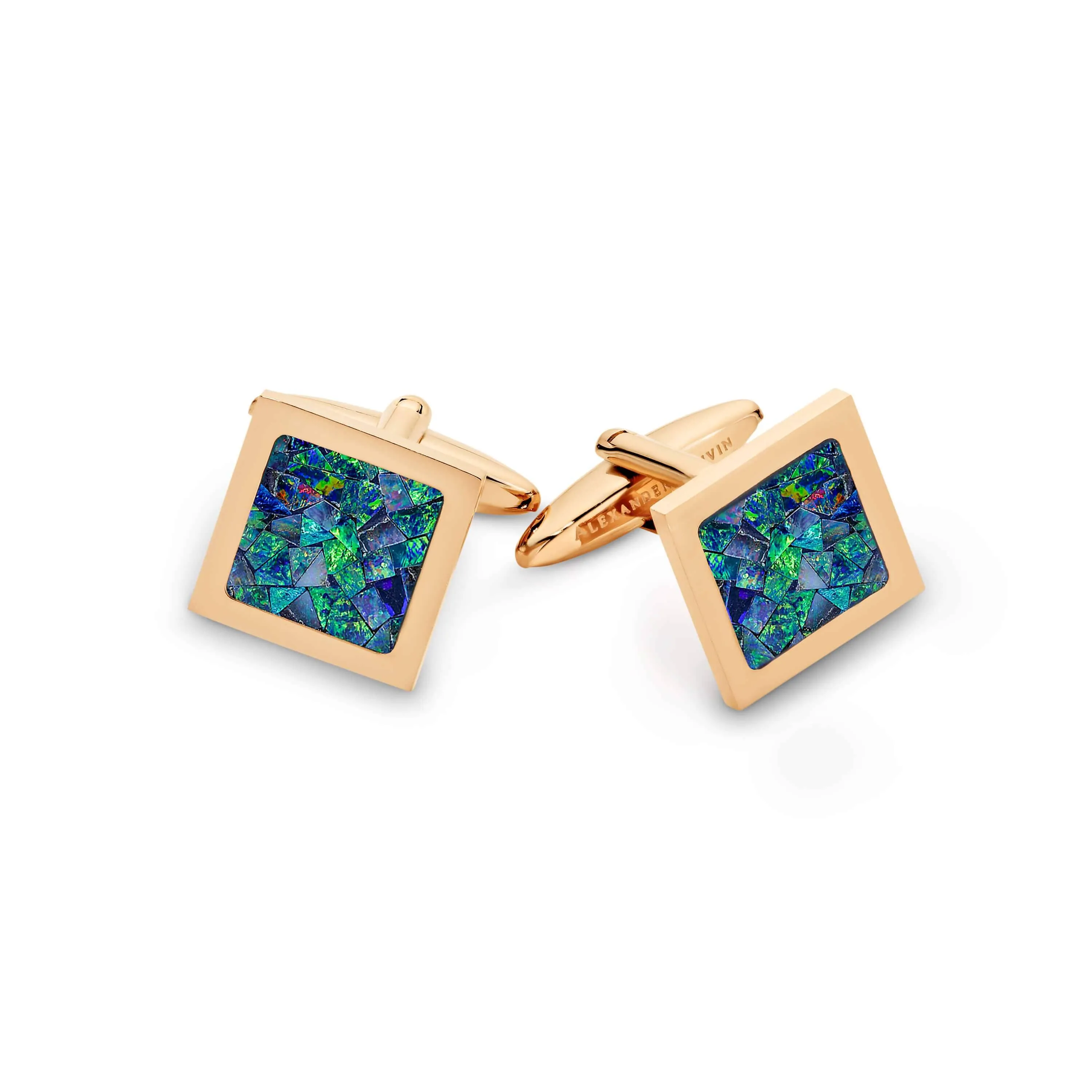 Australian Square Opal Cufflinks  (Green Rose Gold)