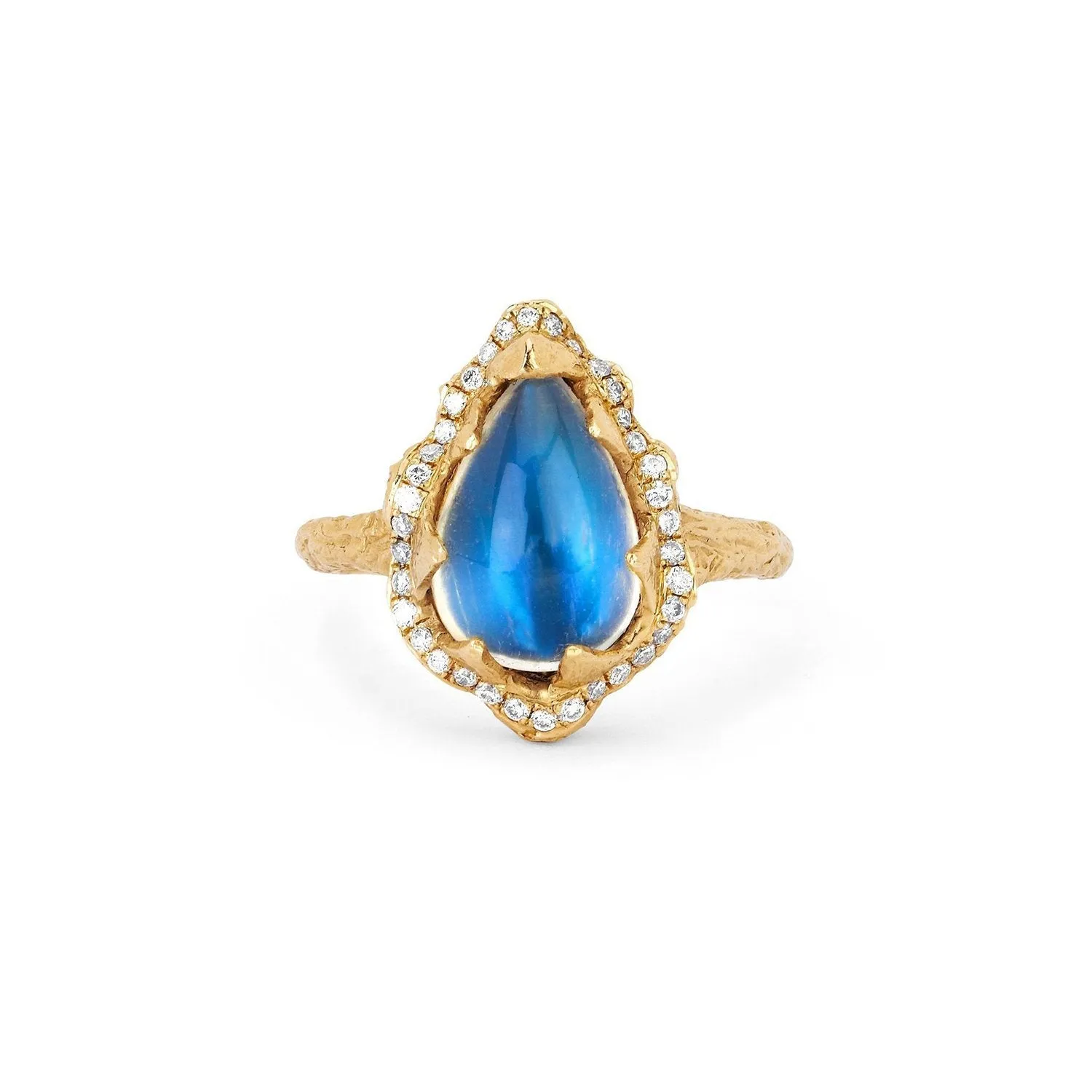 Baby Queen Water Drop Blue Sheen Moonstone Ring with Full Pavé Halo