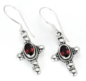 Bali Oval Gem Cross - Indonesian Style Sterling Silver Earrings