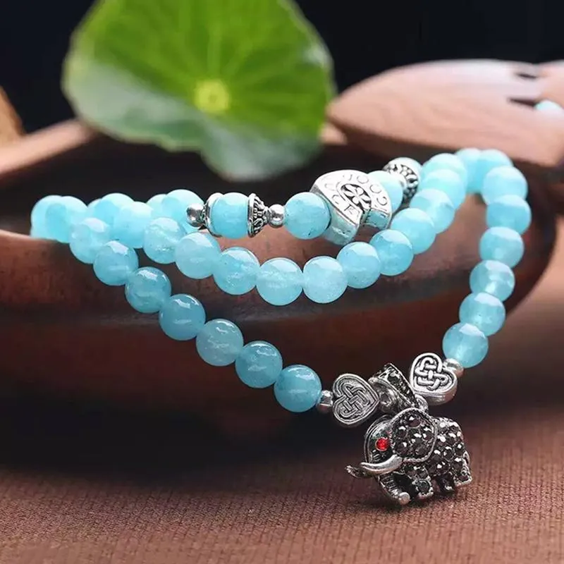 Blue Crystal Bracelets Beads 6mm with Lucky Tibetan Silver Elephant Pendant