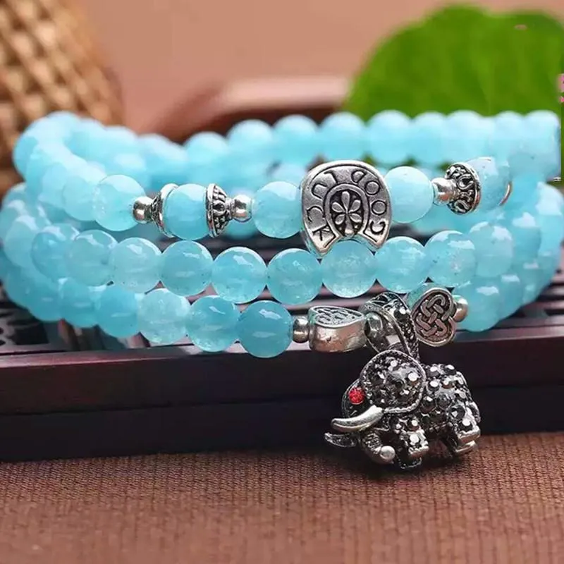 Blue Crystal Bracelets Beads 6mm with Lucky Tibetan Silver Elephant Pendant