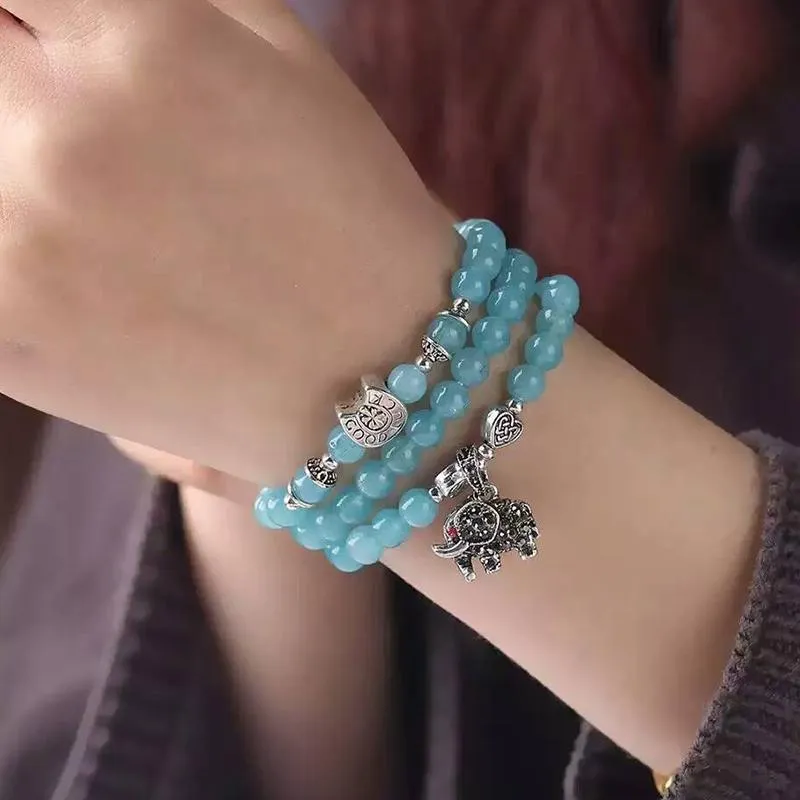 Blue Crystal Bracelets Beads 6mm with Lucky Tibetan Silver Elephant Pendant