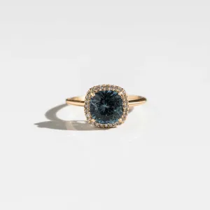 Blue Garnet Cushion Ring with Diamond Halo in 14k Gold