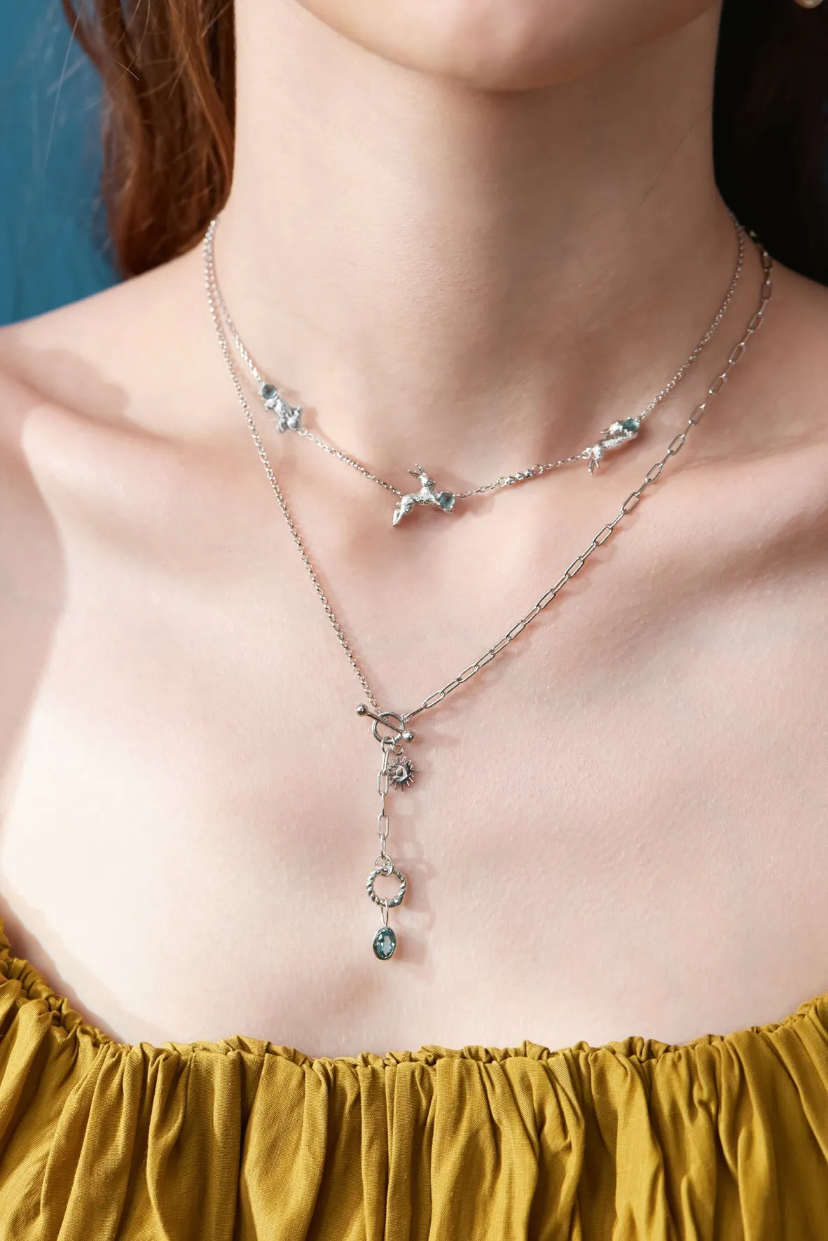 Blue Topaz Silver Leaping Rabbit Choker