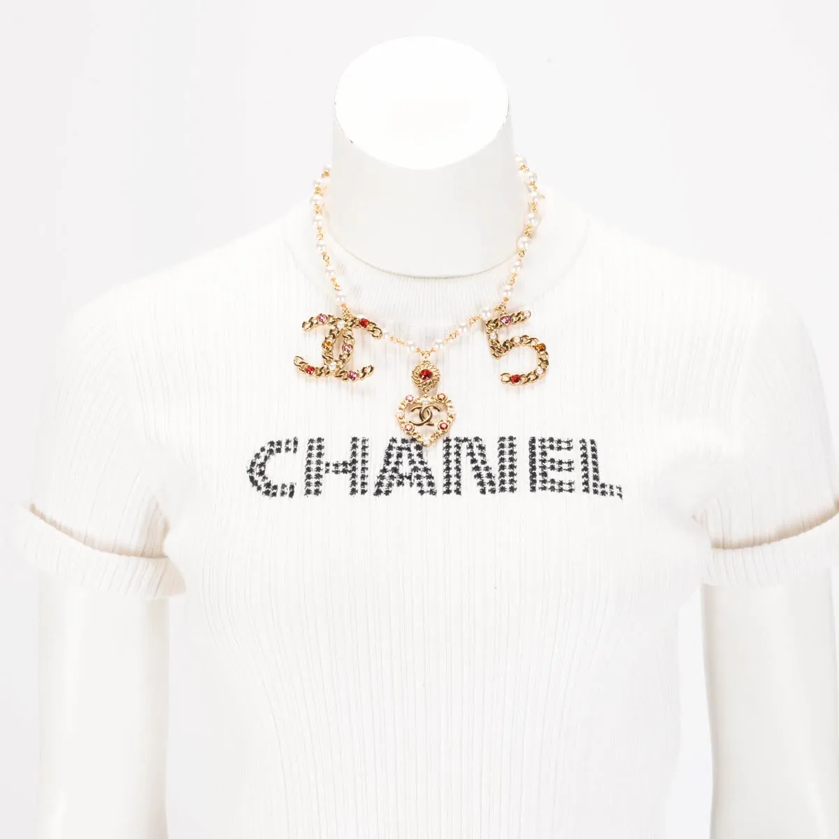 Chanel Gold Tone Pearl & Crystal Coco Charm Choker Necklace