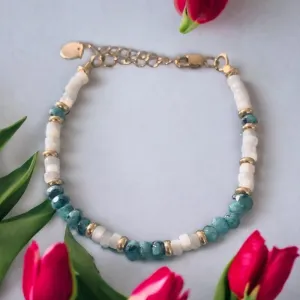 Clover Green Jade and Mother of Pearl Bracelet | Women's Gourmet Bracelet | Magical Natural Stones and 24K Gold Plated Heishi Pearls