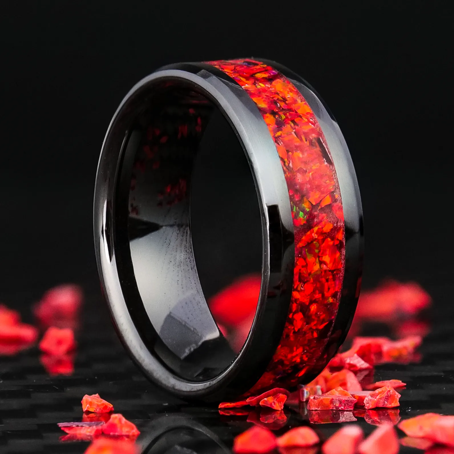 Crimson Red Opal Glowstone Ring on Black Ceramic