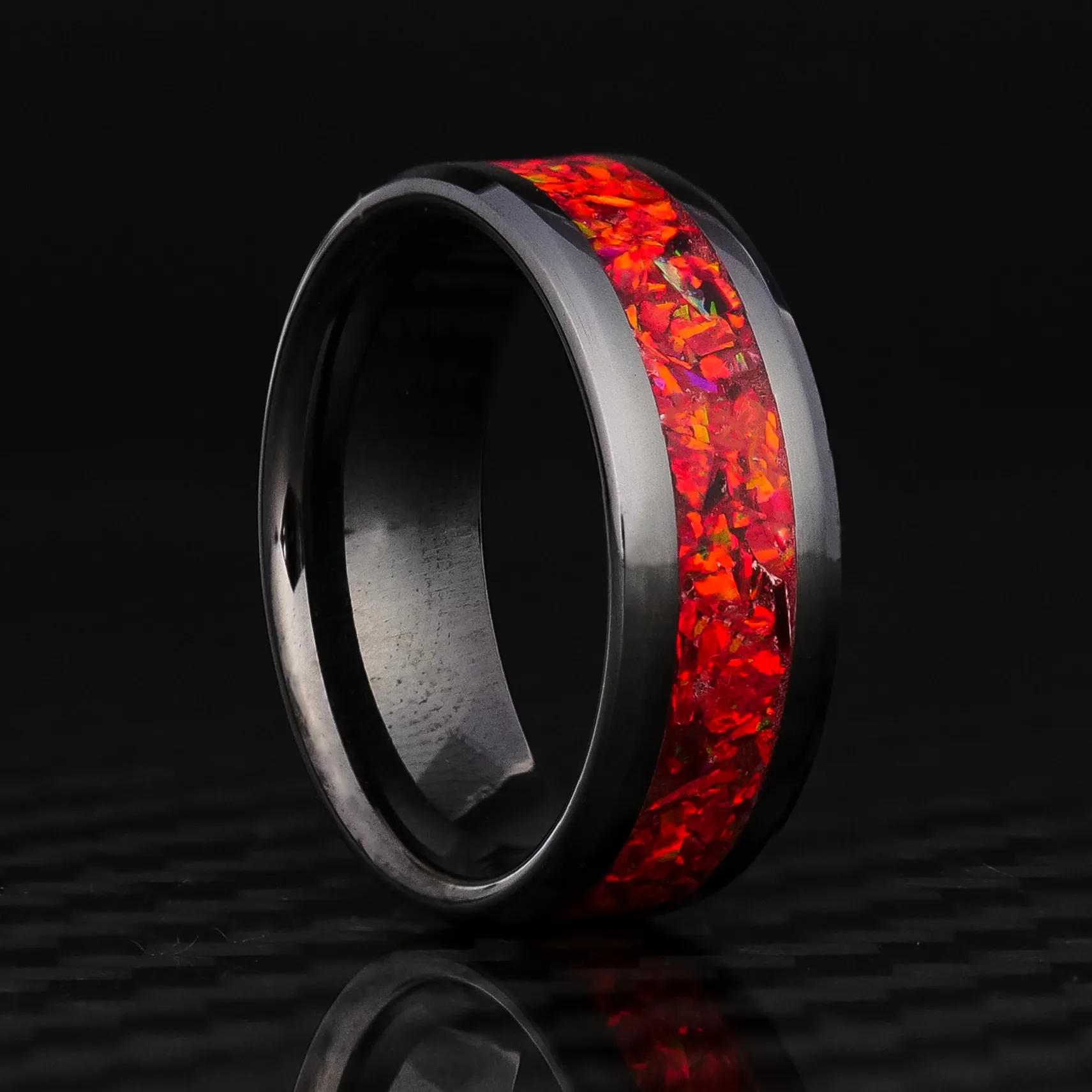 Crimson Red Opal Glowstone Ring on Black Ceramic