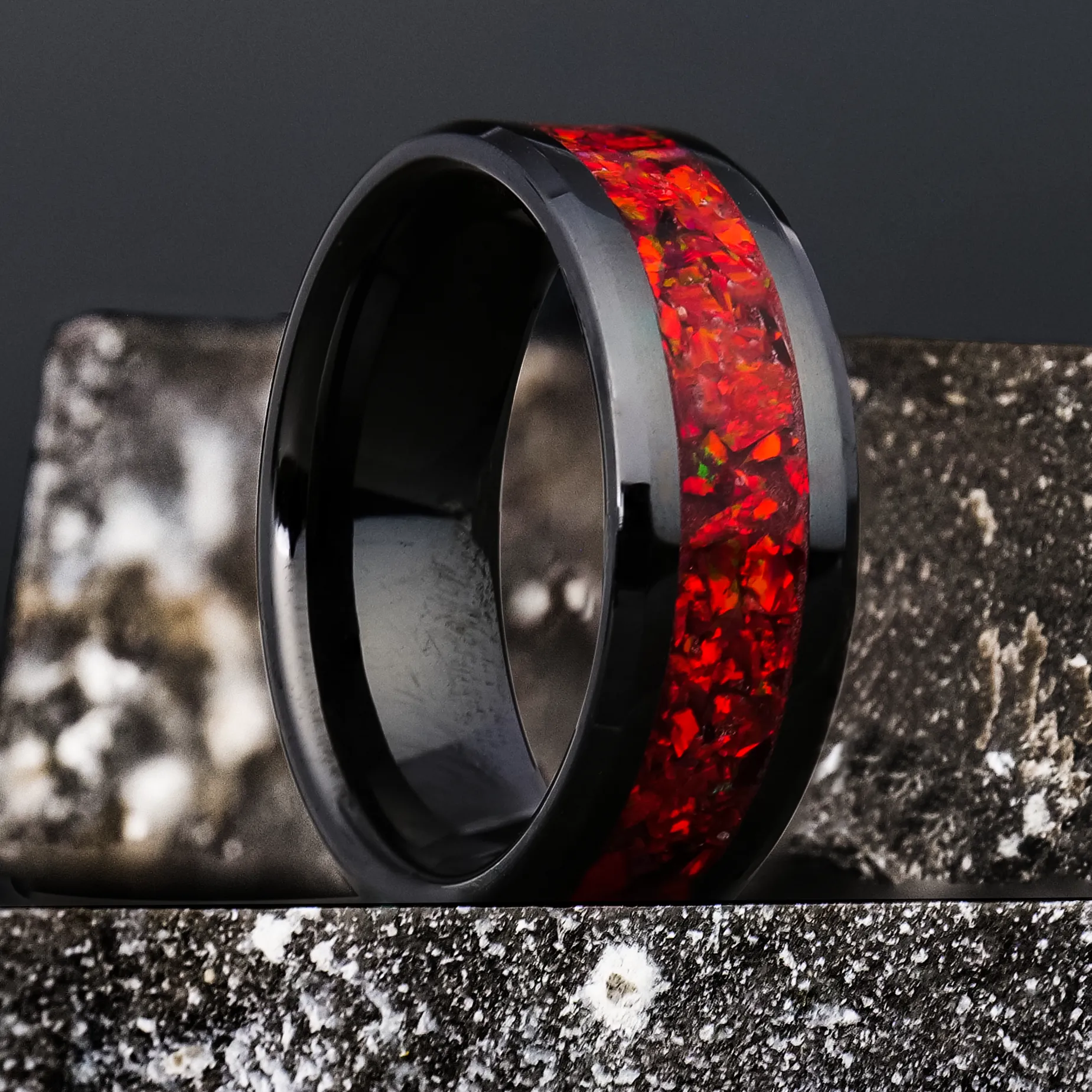 Crimson Red Opal Glowstone Ring on Black Ceramic