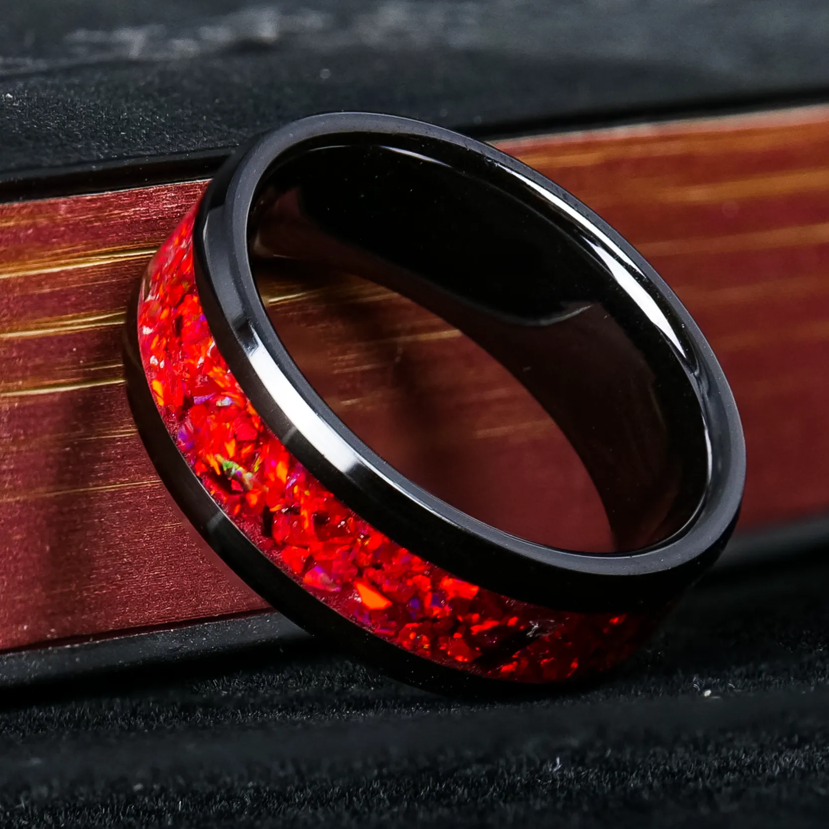 Crimson Red Opal Glowstone Ring on Black Ceramic