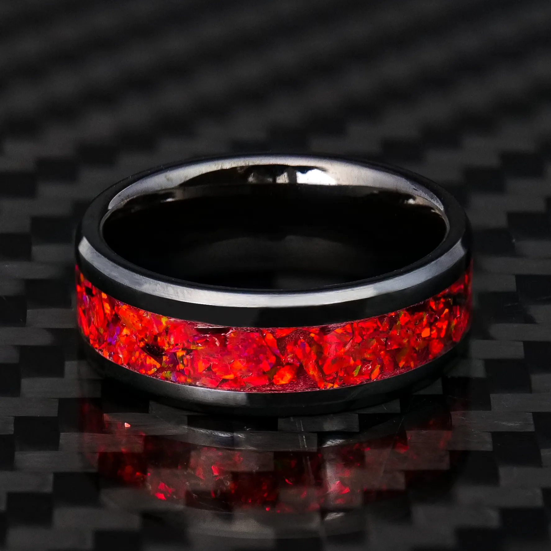 Crimson Red Opal Glowstone Ring on Black Ceramic