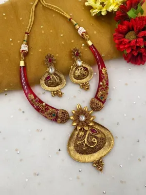 Designer Gold Plated Red Hasli Necklace Set For Ladies By Gehna Shop