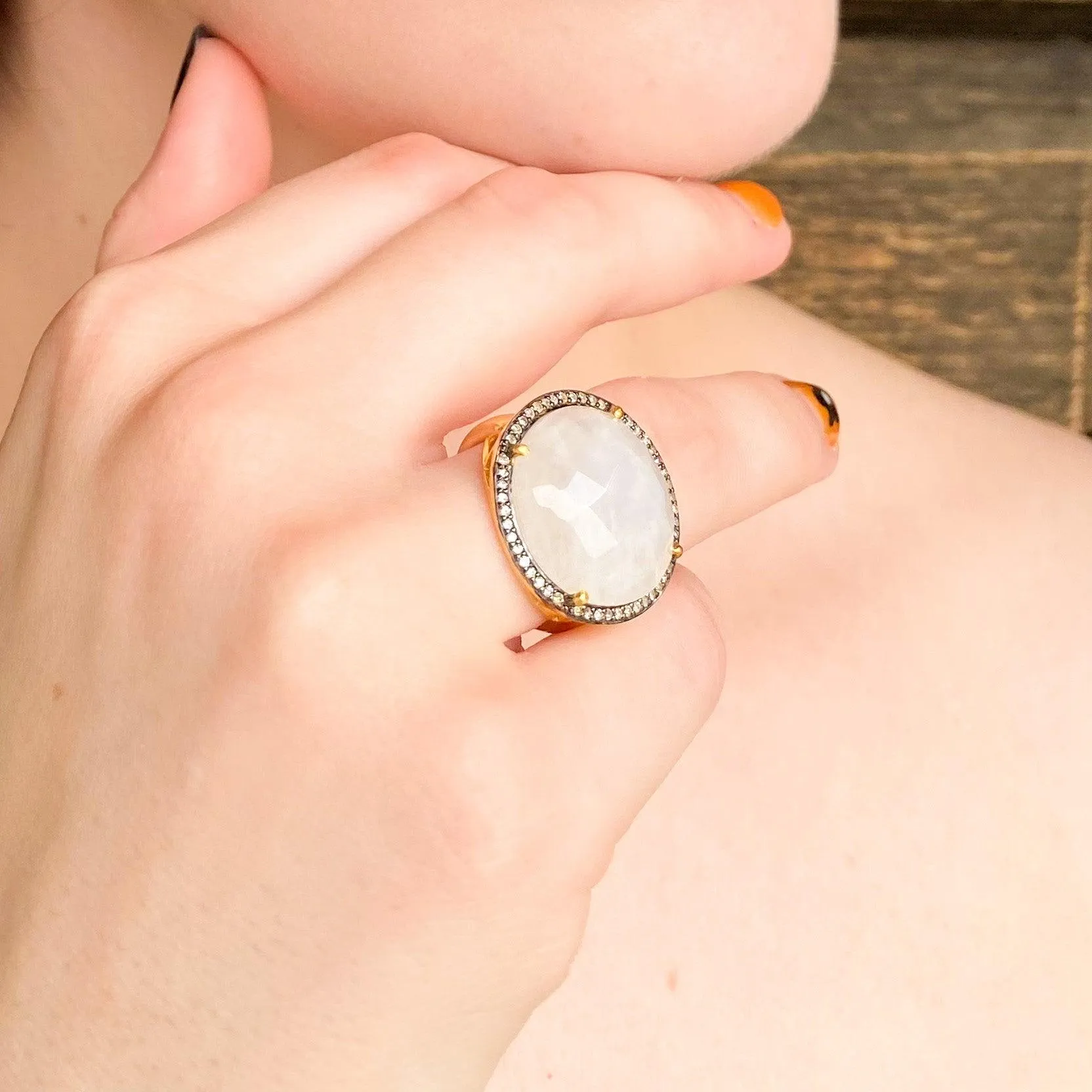 Diamonds and Rainbow Moonstone Designer Ring