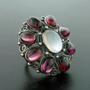 Early Retro Huge Sterling Moonstone & Garnet Cluster Ring