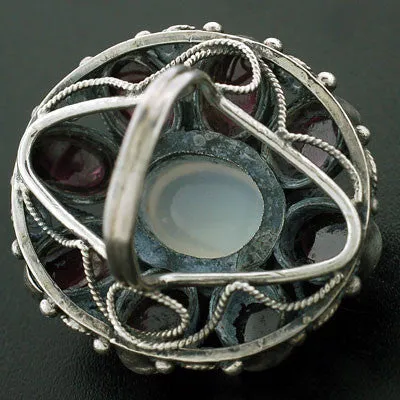 Early Retro Huge Sterling Moonstone & Garnet Cluster Ring