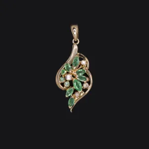 EMERALD DIAMOND CLUSTER PENDANT 14k YELLOW GOLD NATURAL NECKLACE ESTATE JEWELRY