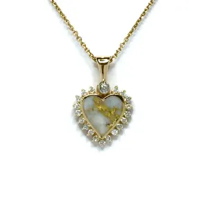 G2 Gold Quartz Pendant Heart Inlaid .21ctw Diamond Halo Design Pendant