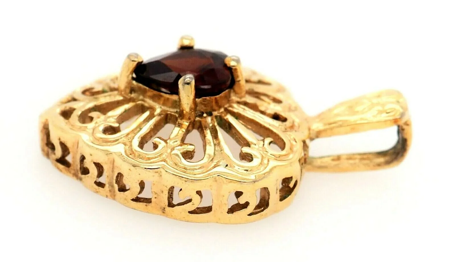 Garnet & Yellow Gold Plated Heart Filigree Style Pendant Fine Jewellery