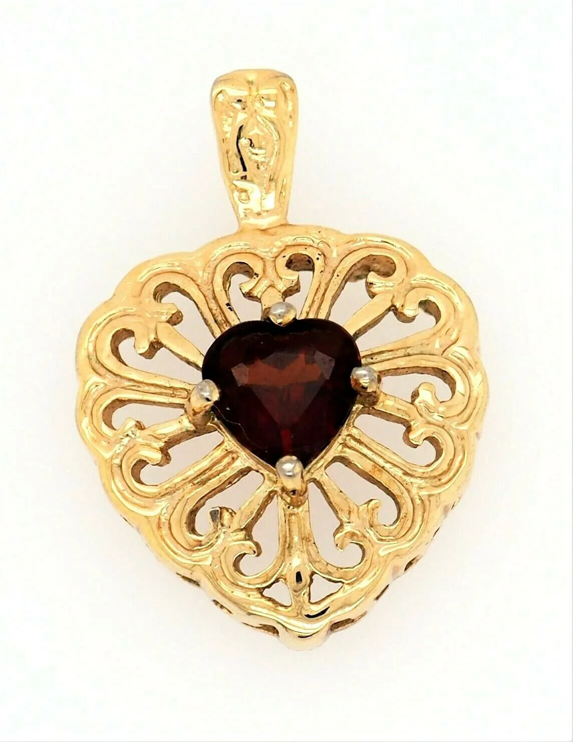 Garnet & Yellow Gold Plated Heart Filigree Style Pendant Fine Jewellery