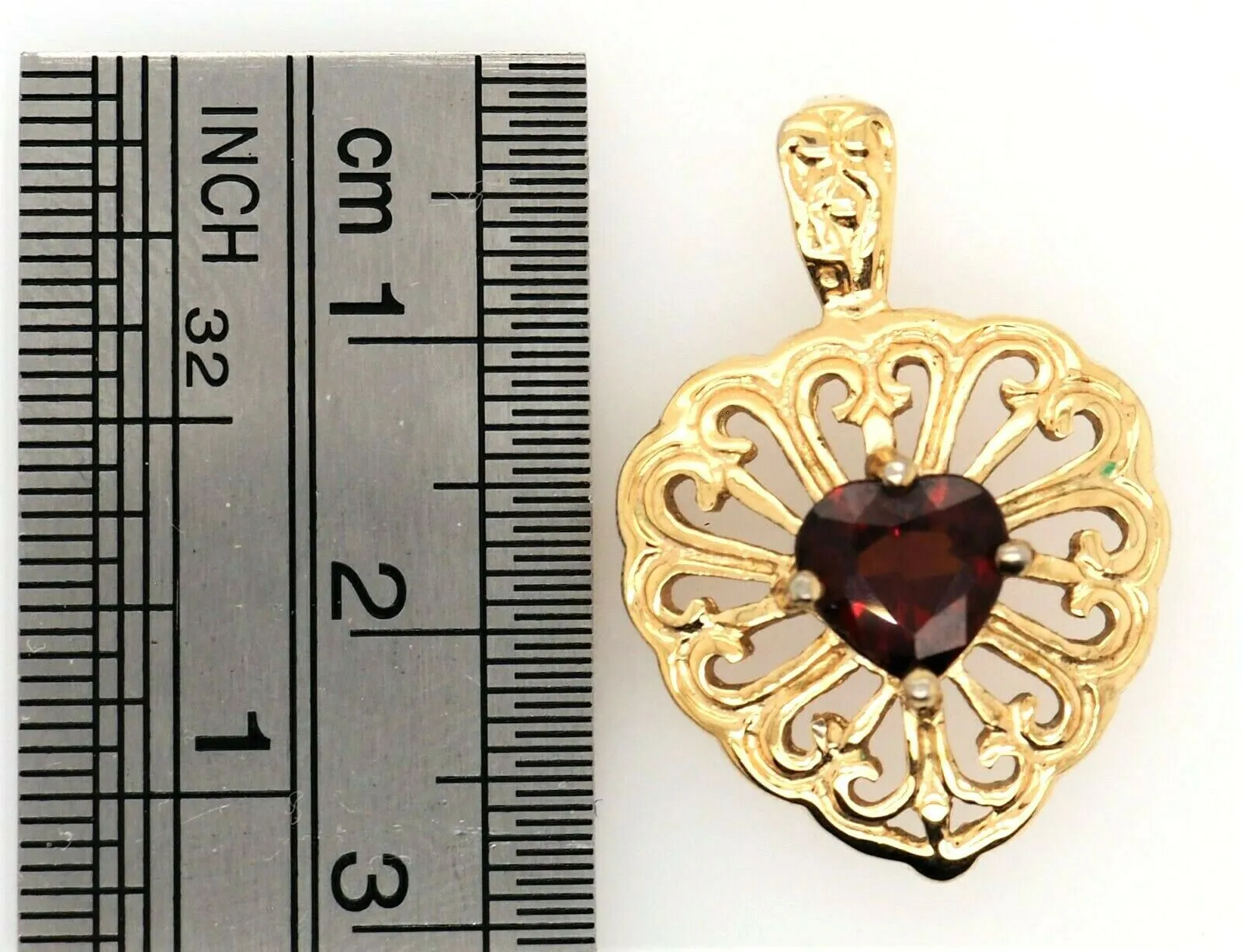 Garnet & Yellow Gold Plated Heart Filigree Style Pendant Fine Jewellery