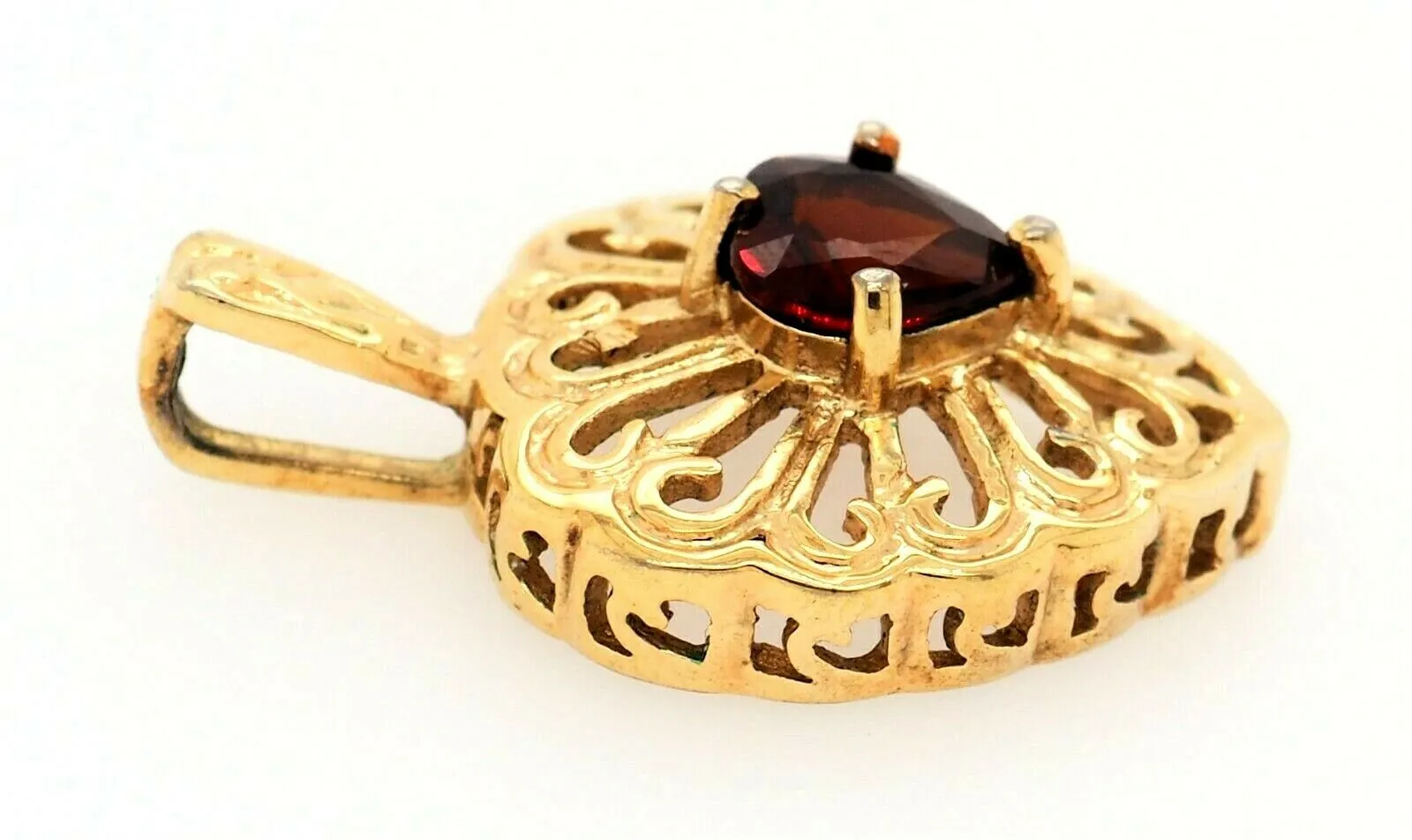 Garnet & Yellow Gold Plated Heart Filigree Style Pendant Fine Jewellery