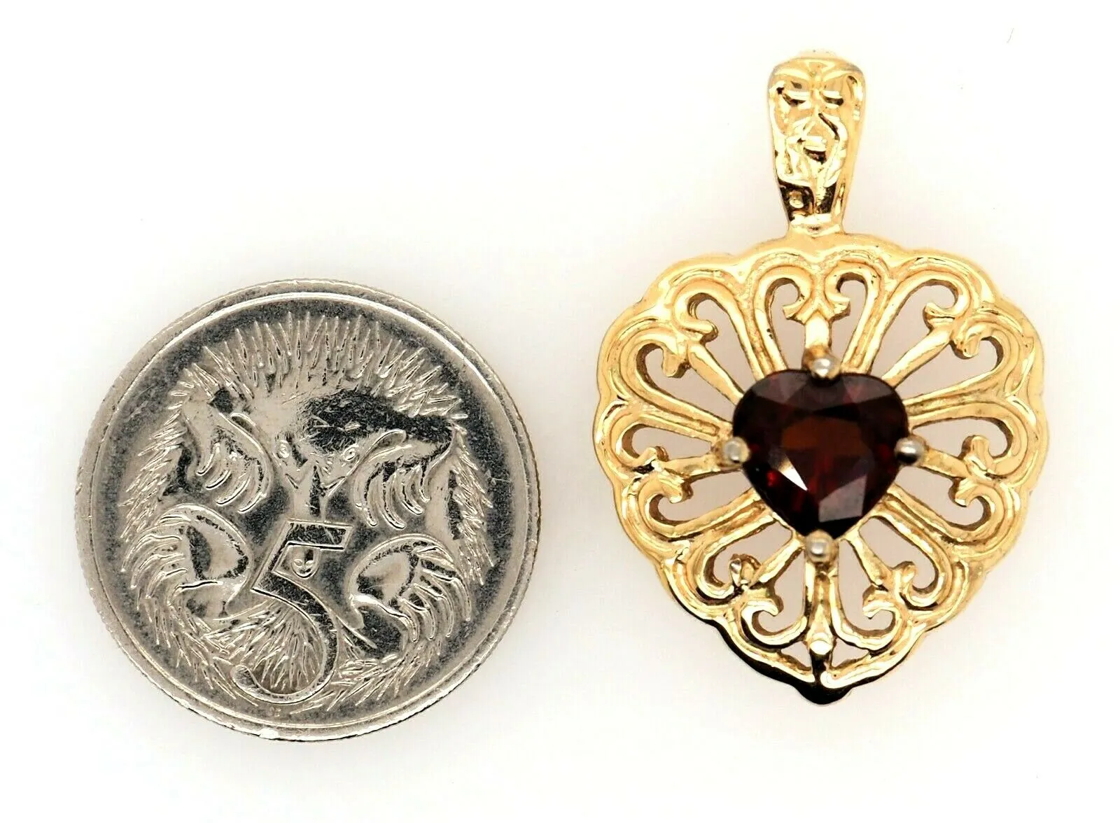 Garnet & Yellow Gold Plated Heart Filigree Style Pendant Fine Jewellery