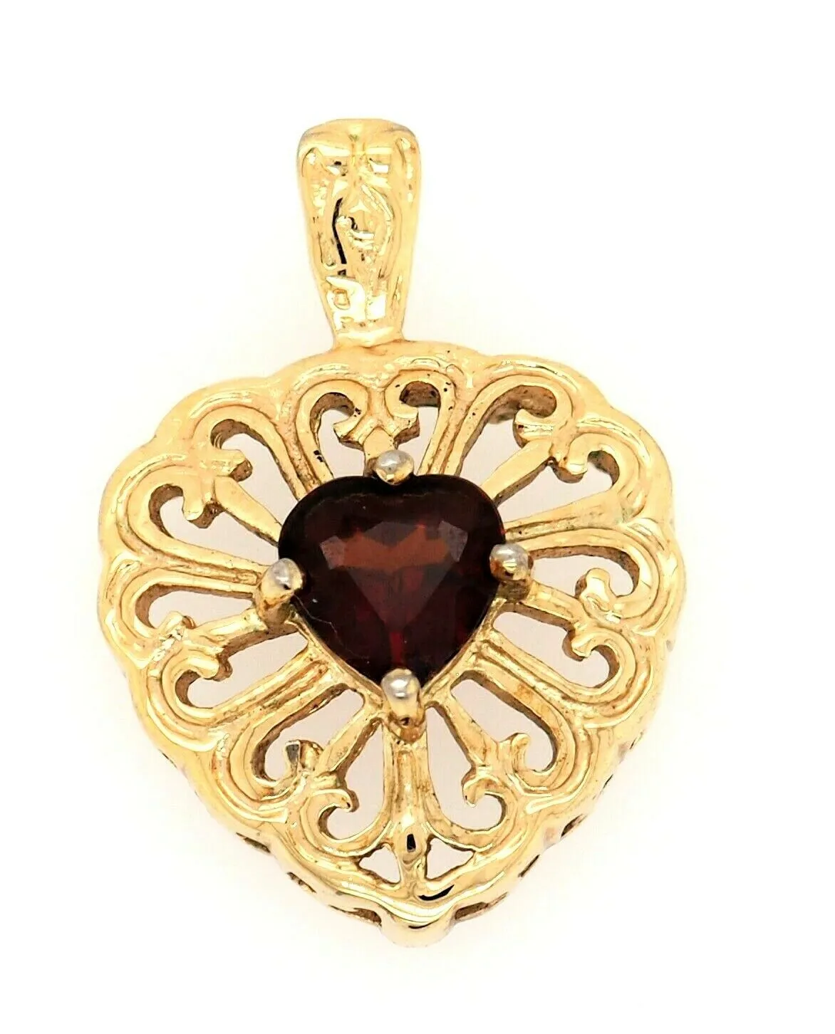 Garnet & Yellow Gold Plated Heart Filigree Style Pendant Fine Jewellery