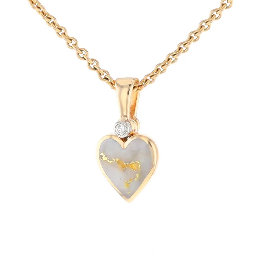 Gold Quartz Necklace Heart Inlaid Design Pendant with .02ct Diamond