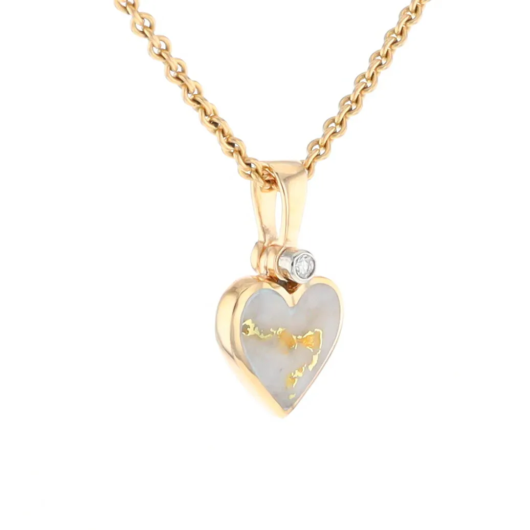 Gold Quartz Necklace Heart Inlaid Design Pendant with .02ct Diamond