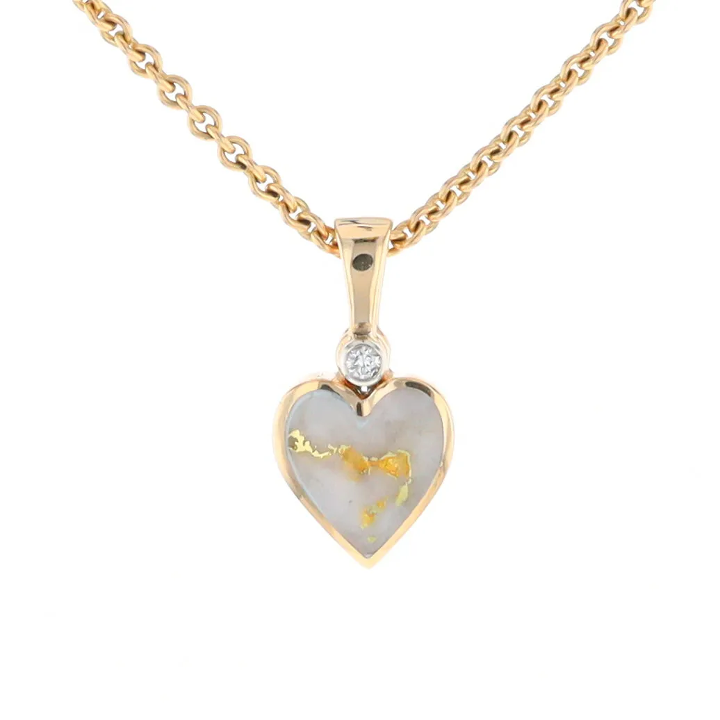 Gold Quartz Necklace Heart Inlaid Design Pendant with .02ct Diamond