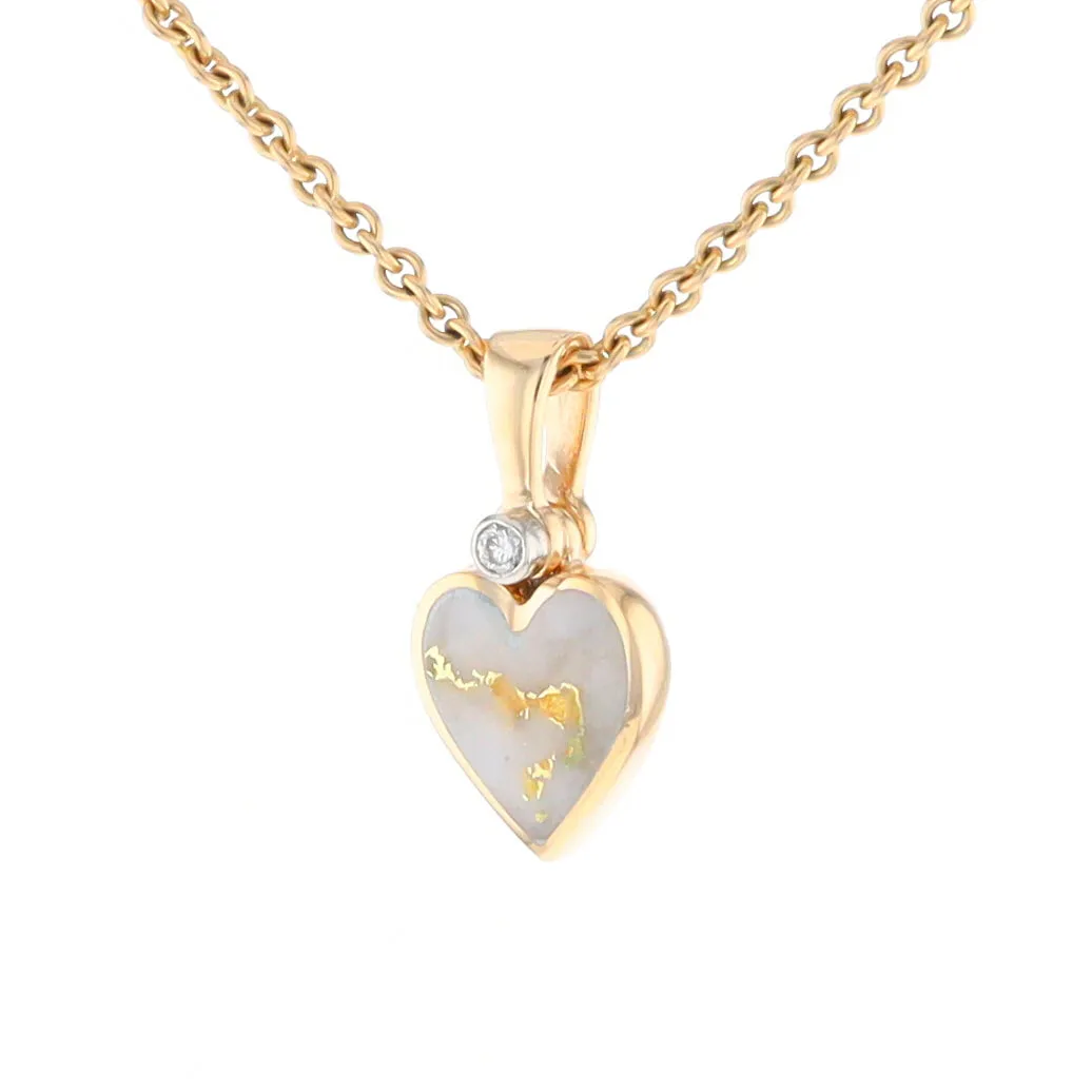 Gold Quartz Necklace Heart Inlaid Design Pendant with .02ct Diamond