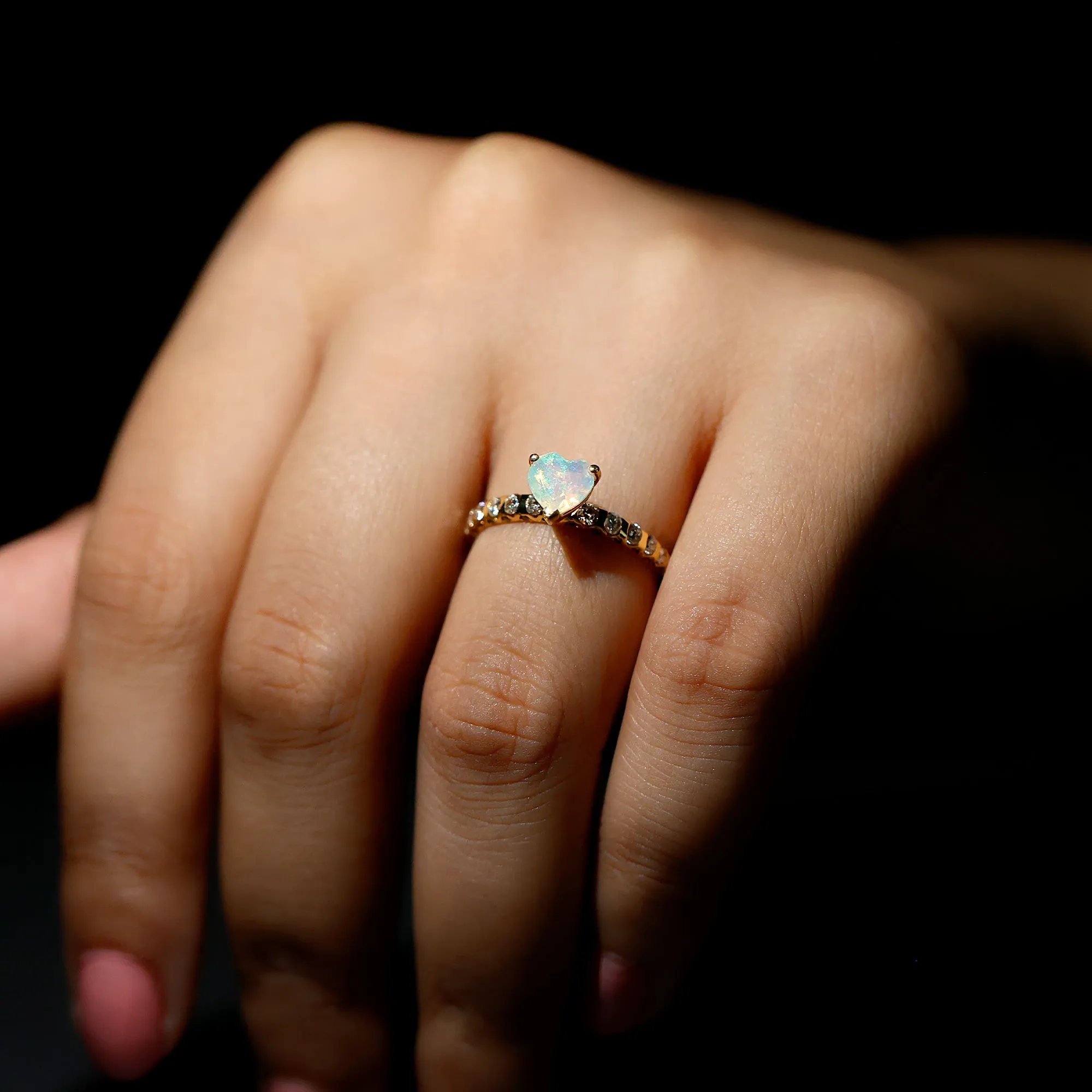 Heart Shape Ethiopian Opal Engagement Ring with Diamond