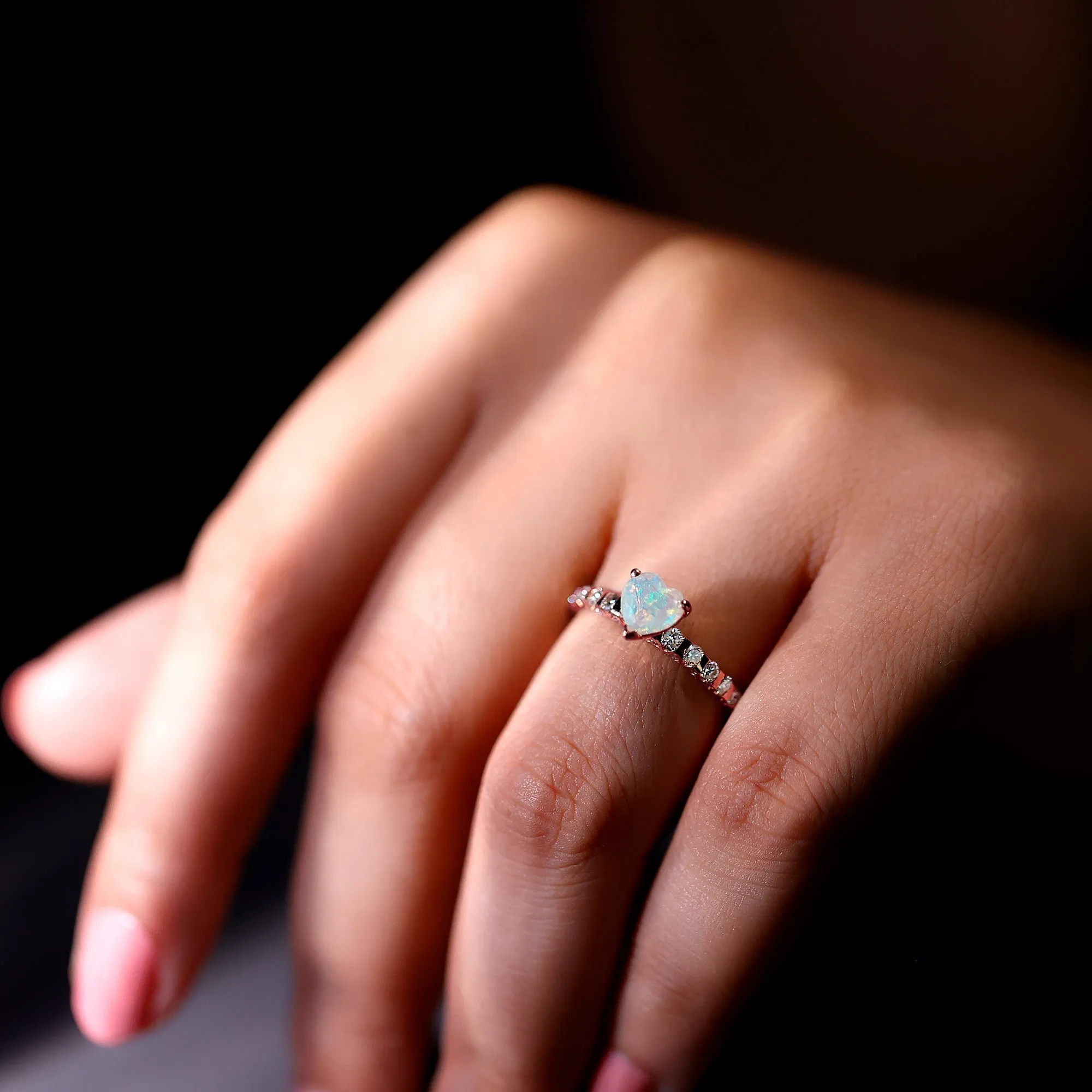 Heart Shape Ethiopian Opal Engagement Ring with Diamond