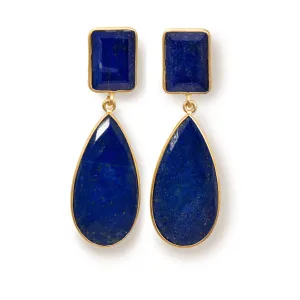 Long Statement Earrings with a Rectangle Stone and Long Pear Shaped Stone Drop  - Lapis Lazuli