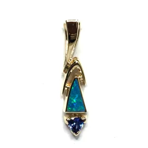 Opal Pendant Triangle Inlaid Design with Trillion Cut Tanzanite