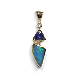 Opal Pendant Triangle Inlaid Trillion Cut Tanzanite and .02ct Diamond